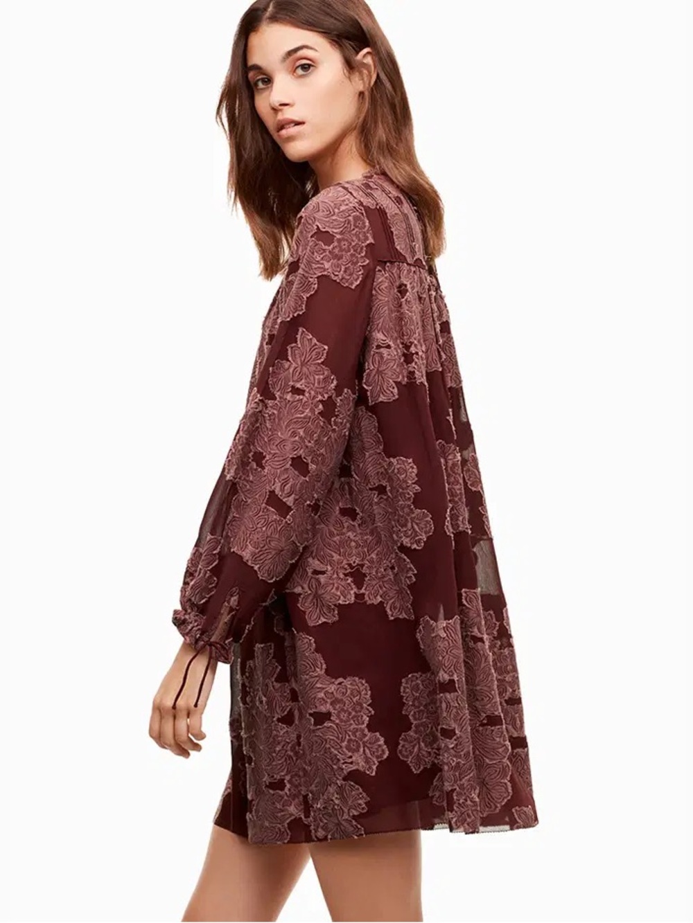 Wilfred Burgundy Lace Overlay Long Sleeve Mini Dress